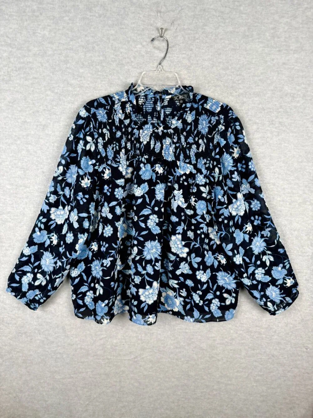 J Crew 3X Smocked Ruffle Neck Chiffon Popover Top Midnight Blue Floral Blouse - Picture 4 of 14